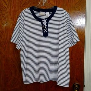 Alfred Dunner 1X navy & white striped top, lace up neckline, good condition